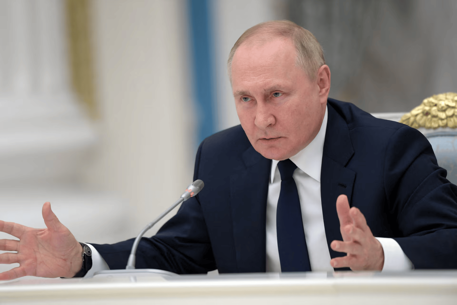 Russian President Vladimir Putin speaks during a meeting on the global energy crisis at the Kremlin in Moscow