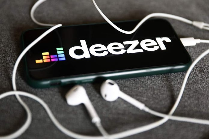 AI-generated music flooding Deezer platform with digital waveform visuals