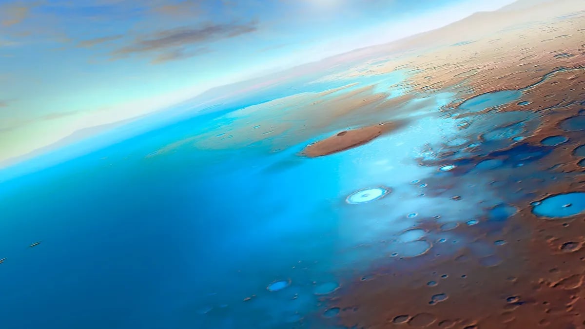 Ancient Mars Lake Habitability Model Artist impression of ancient lake in Gale Crater on Mars