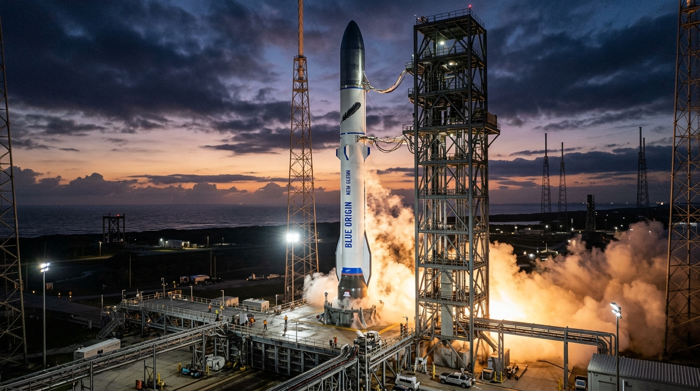Blue Origin New Glenn rocket on launch pad after reused booster hot-fire test ahead of NG-3 mission