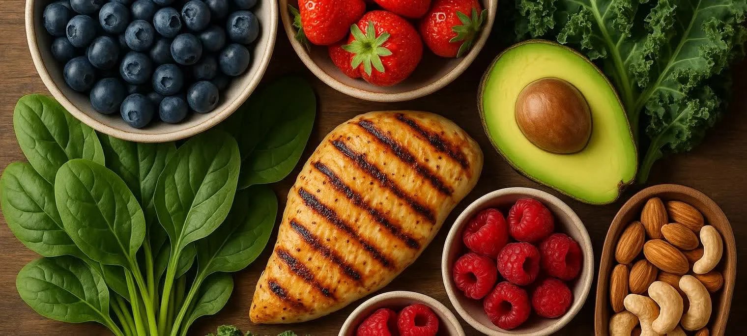 Brain healthy plant foods including berries nuts and leafy greens