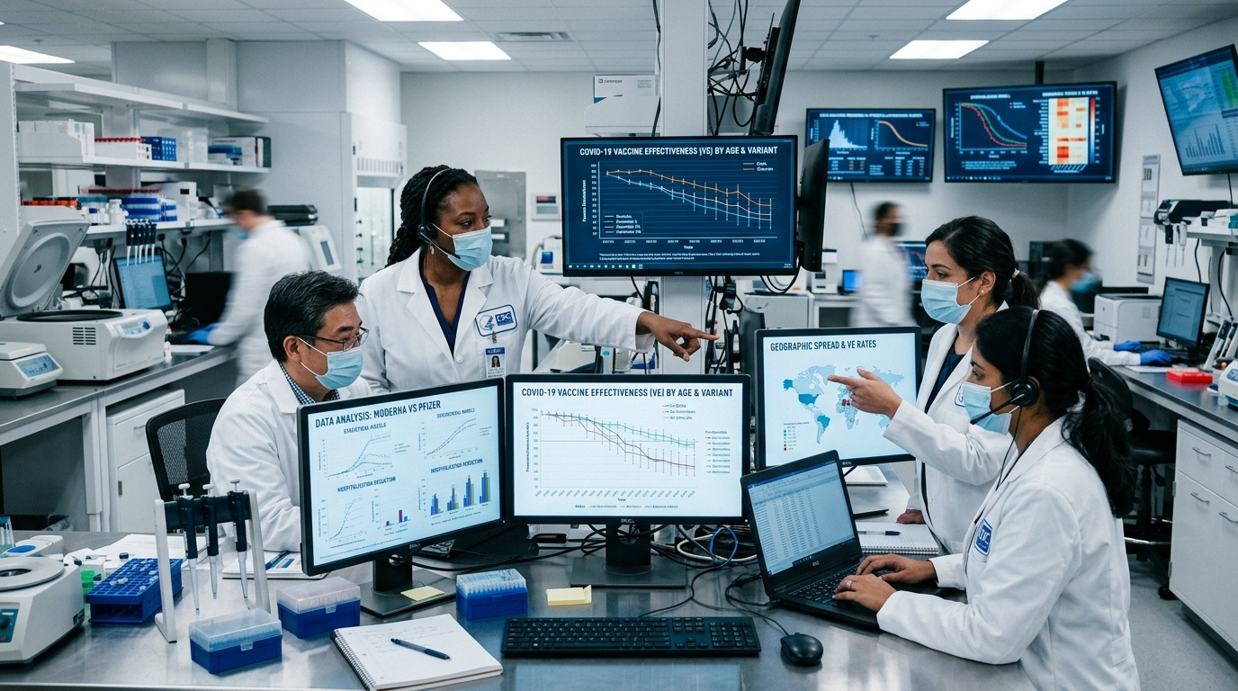 CDC vaccine effectiveness research analysis Scientists analyzing COVID vaccine effectiveness data inside CDC laboratory