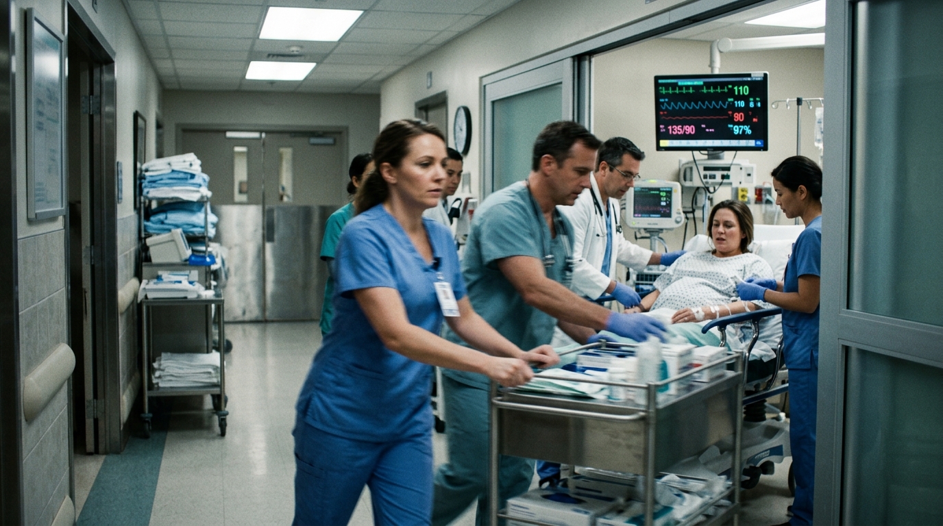 Hospital staff responding urgently during childbirth emergency