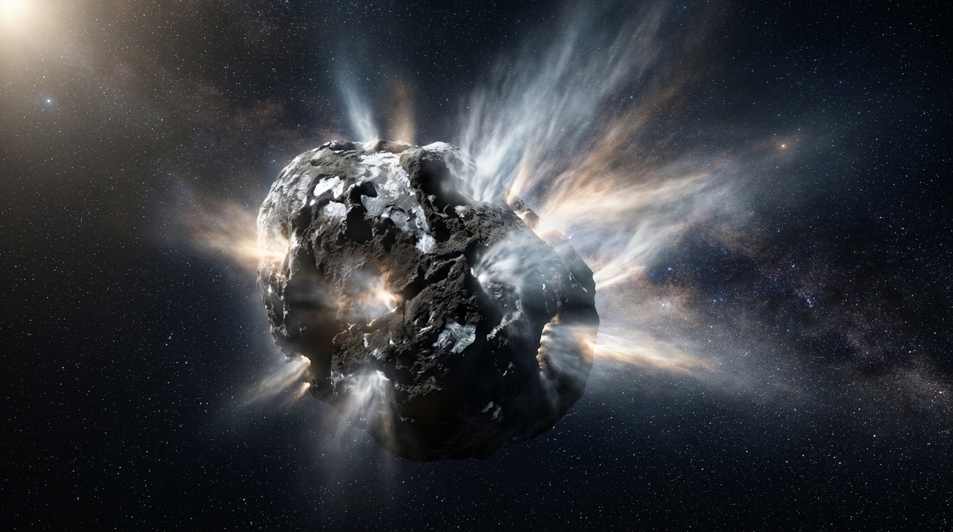 Close-up of comet 3I ATLAS nucleus releasing gas and dust