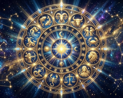 Daily horoscope zodiac signs wheel with glowing astrology symbols