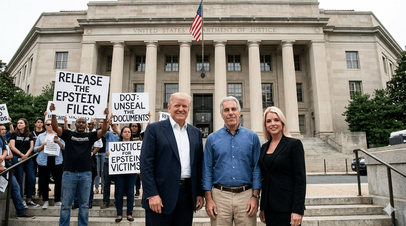 Trump Epstein photo with Pam Bondi and DOJ building highlighting Epstein Files controversy