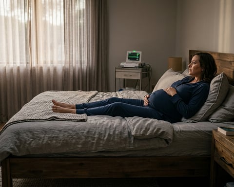 Dimly lit home birth setup showing tension between natural childbirth and medical risk