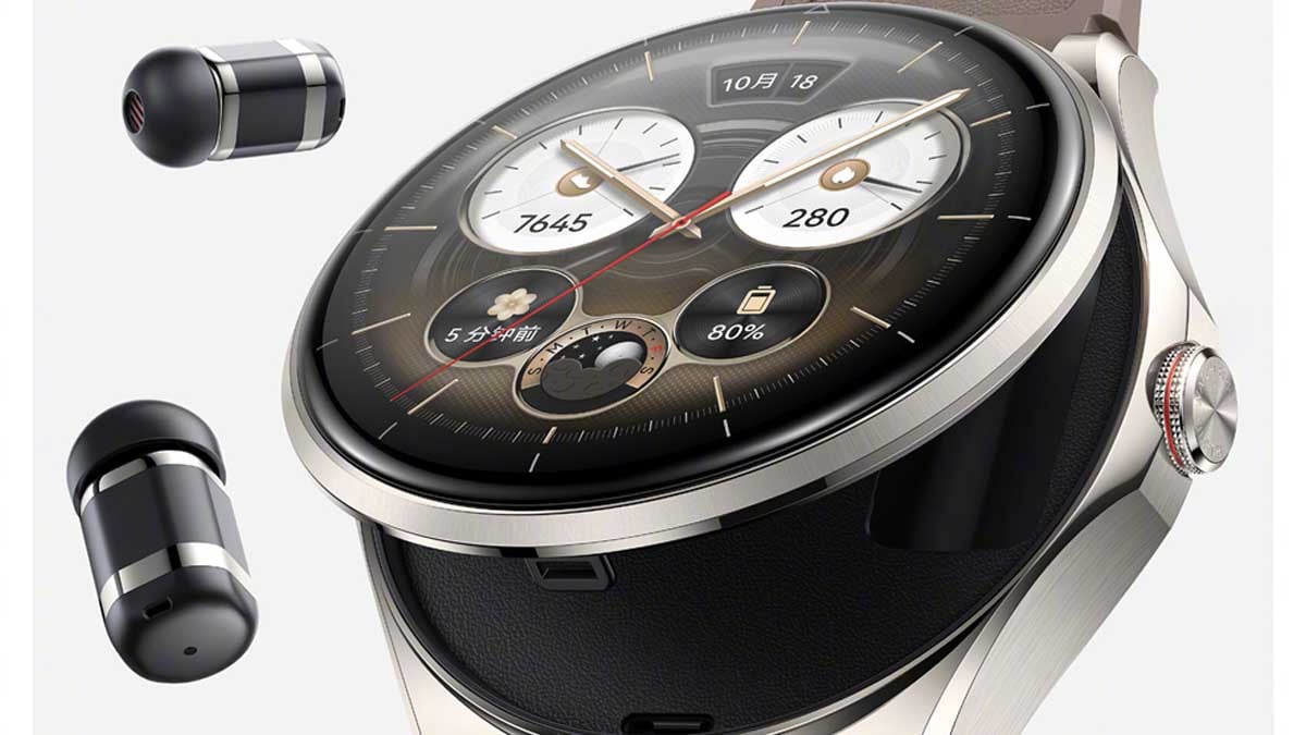 Huawei Watch Buds 2 with hidden earbuds inside open smartwatch case