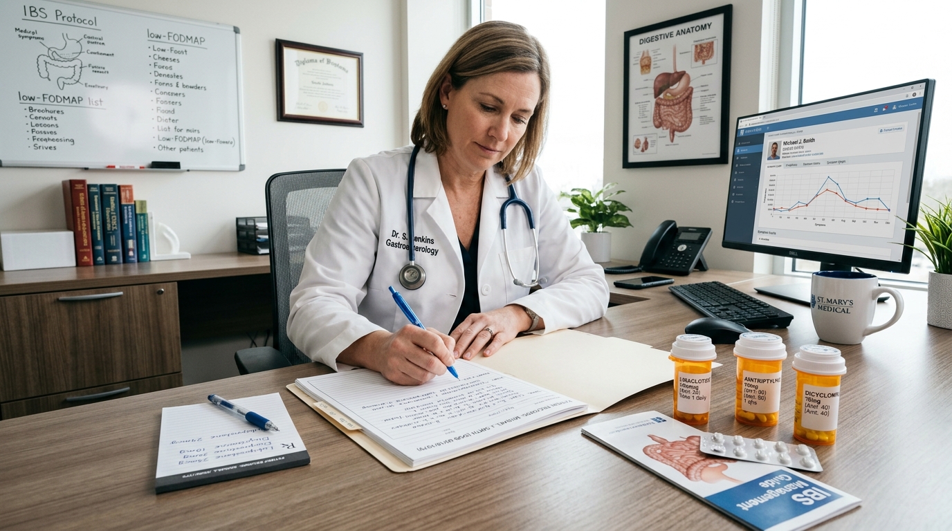 Doctor planning IBS pharmacological treatment strategy
