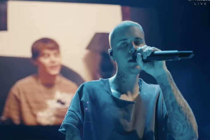 Justin Bieber performs with YouTube visuals during Coachella 2026 headlining set