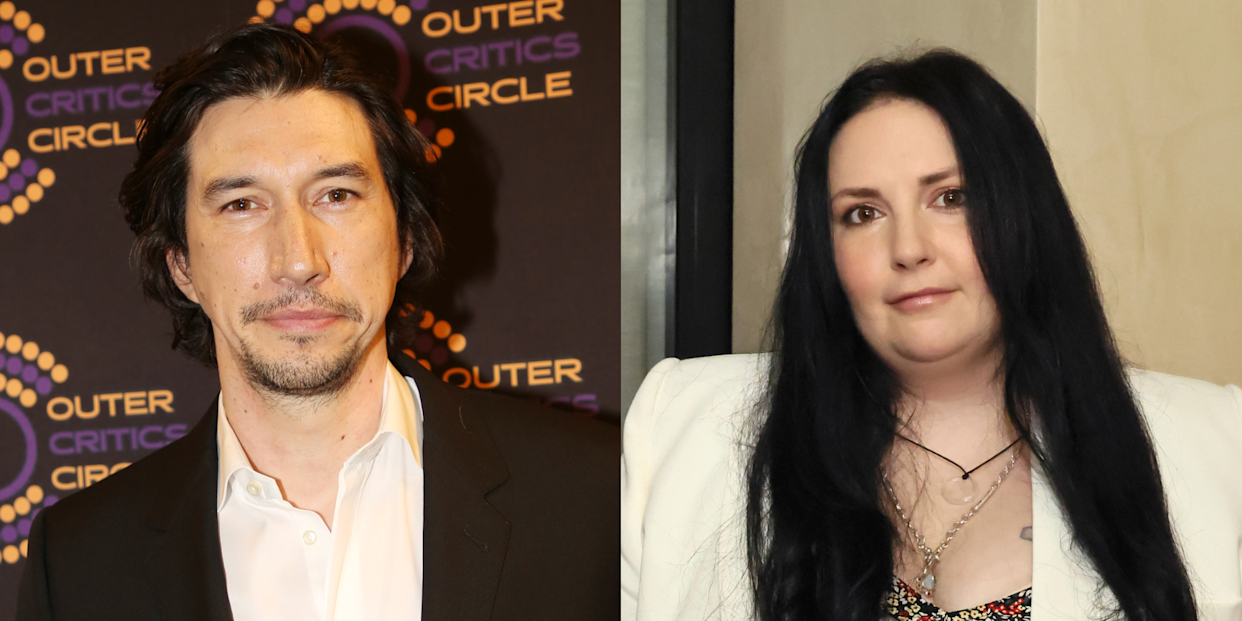 Lena Dunham and Adam Driver portrayed in cinematic split image referencing Girls memoir controversy