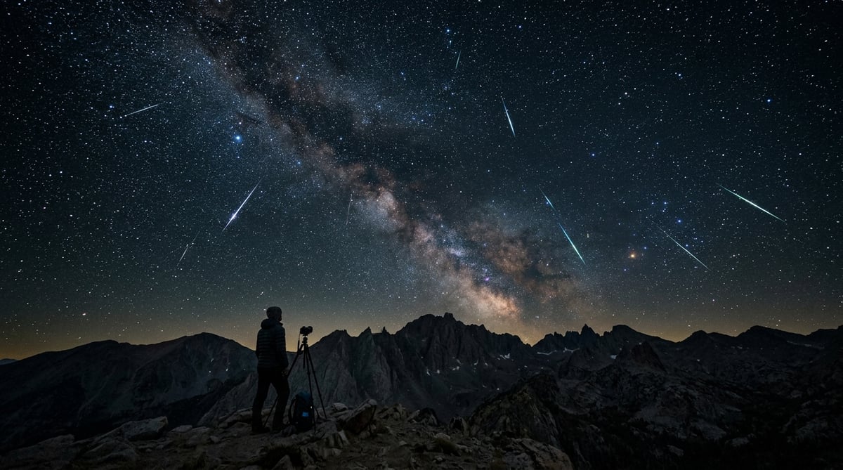 Lyrid meteor shower 2026 peak with bright shooting stars in dark night sky
