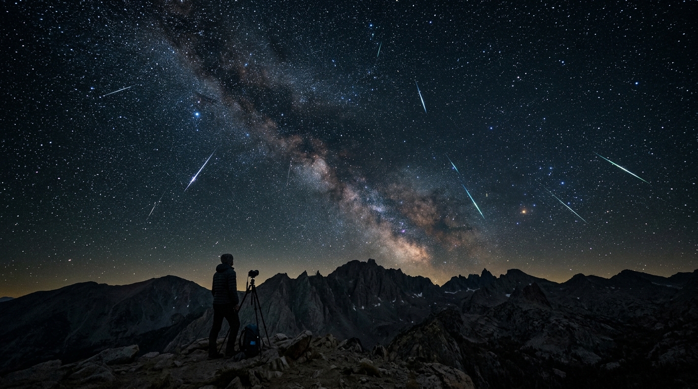 Lyrid meteor shower 2026 peak with bright shooting stars in dark night sky