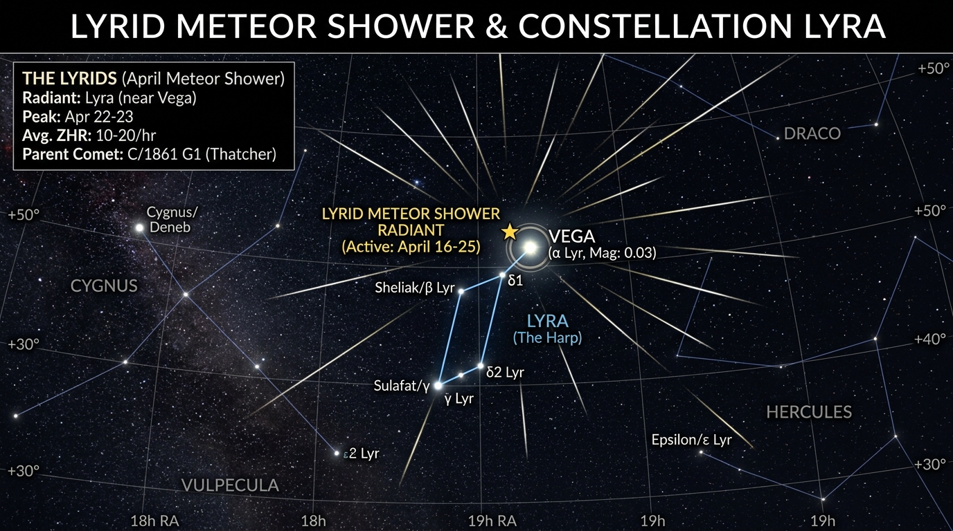 Lyra constellation location where Lyrid meteors originate near Vega