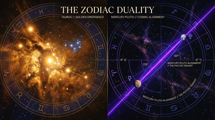 Mercury Pluto alignment and Taurus Moon cosmic astrology visualization for April 18 2026 horoscope