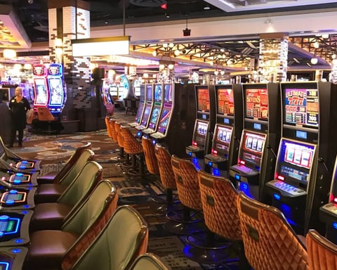 Interior of MGM Springfield casino with slot machines and players