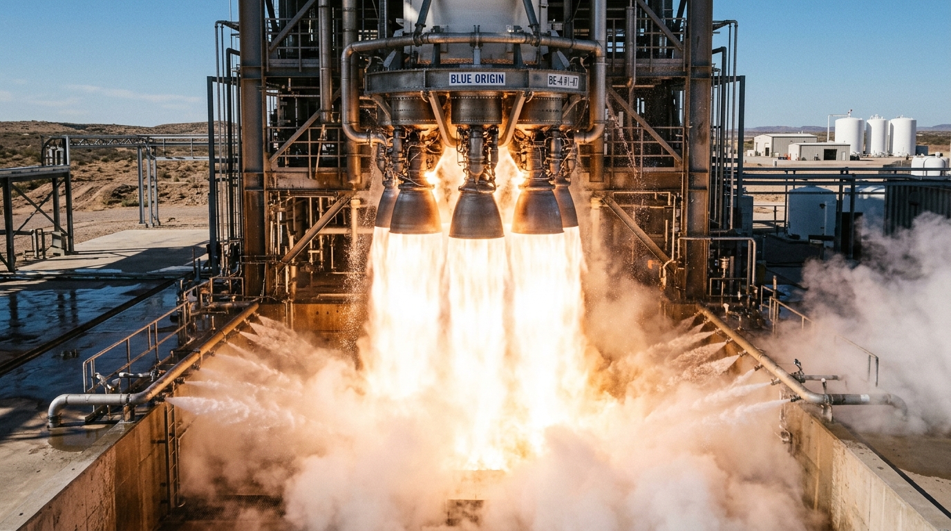 BE-4 engines firing during New Glenn hot-fire test at Cape Canaveral