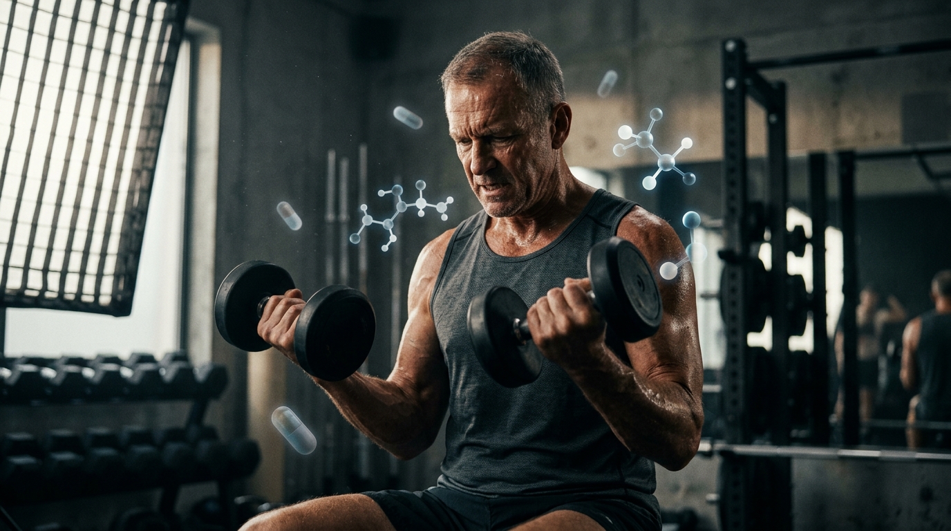 Older adult exercising with overlay of rapamycin drug concept illustrating reduced fitness gains