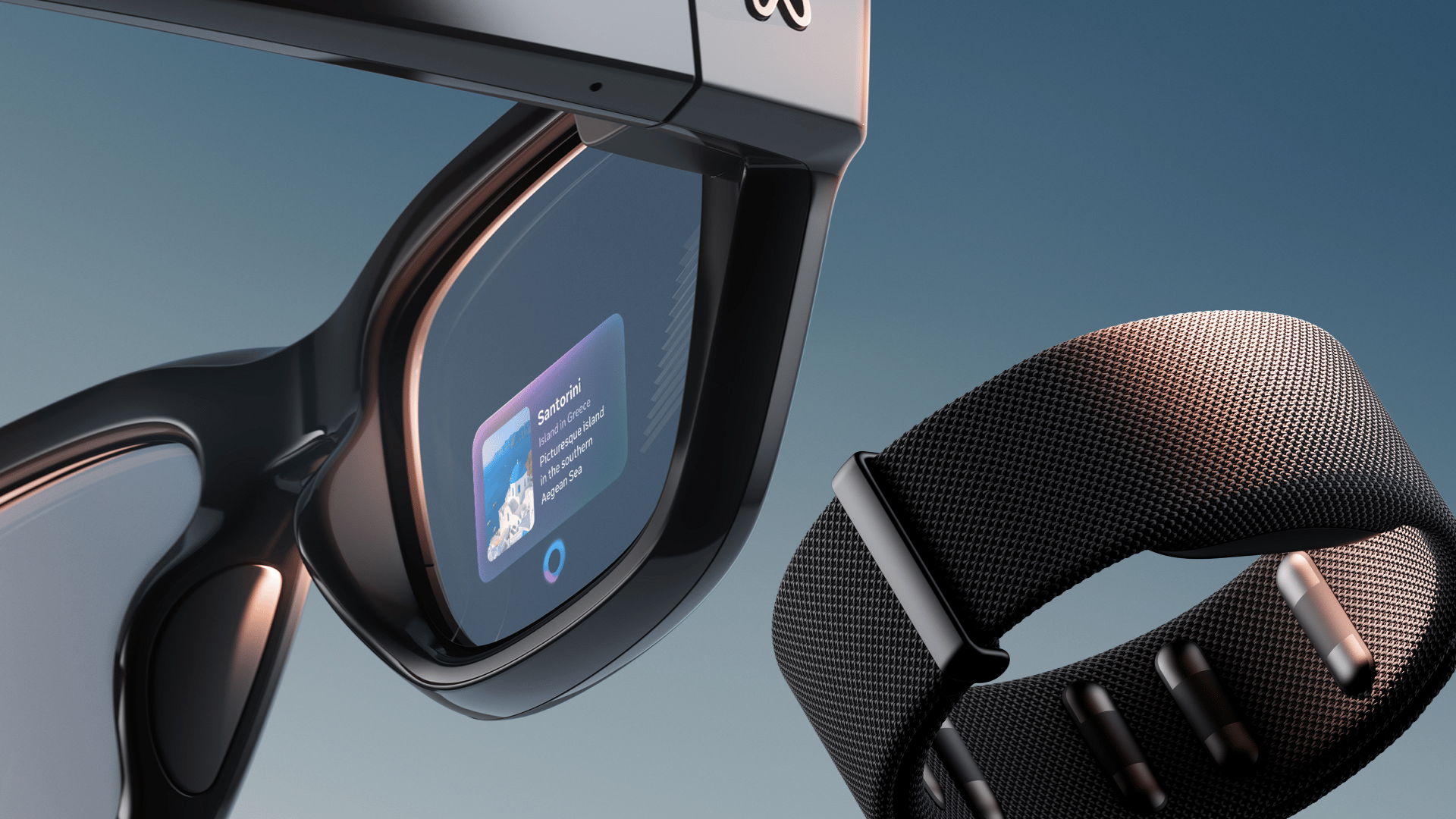 Close-up of Meta Ray-Ban smart glasses showing camera and AI features Close-up of Meta Ray-Ban smart glasses showing camera and AI features