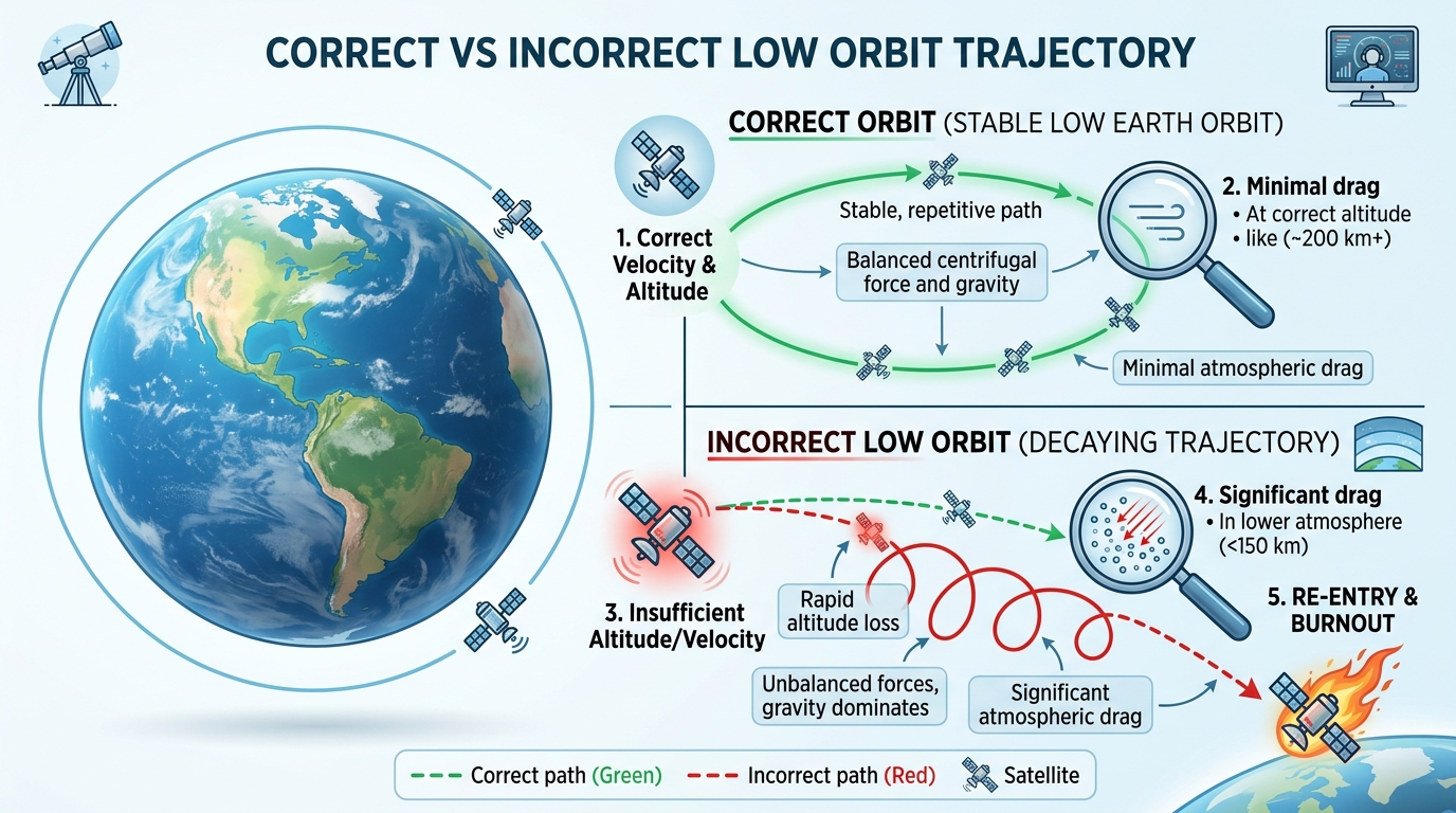 Satellite Orbit Failure Explained Diagram showing satellite placed in incorrect low Earth orbit after Blue Origin New Glenn mission failure