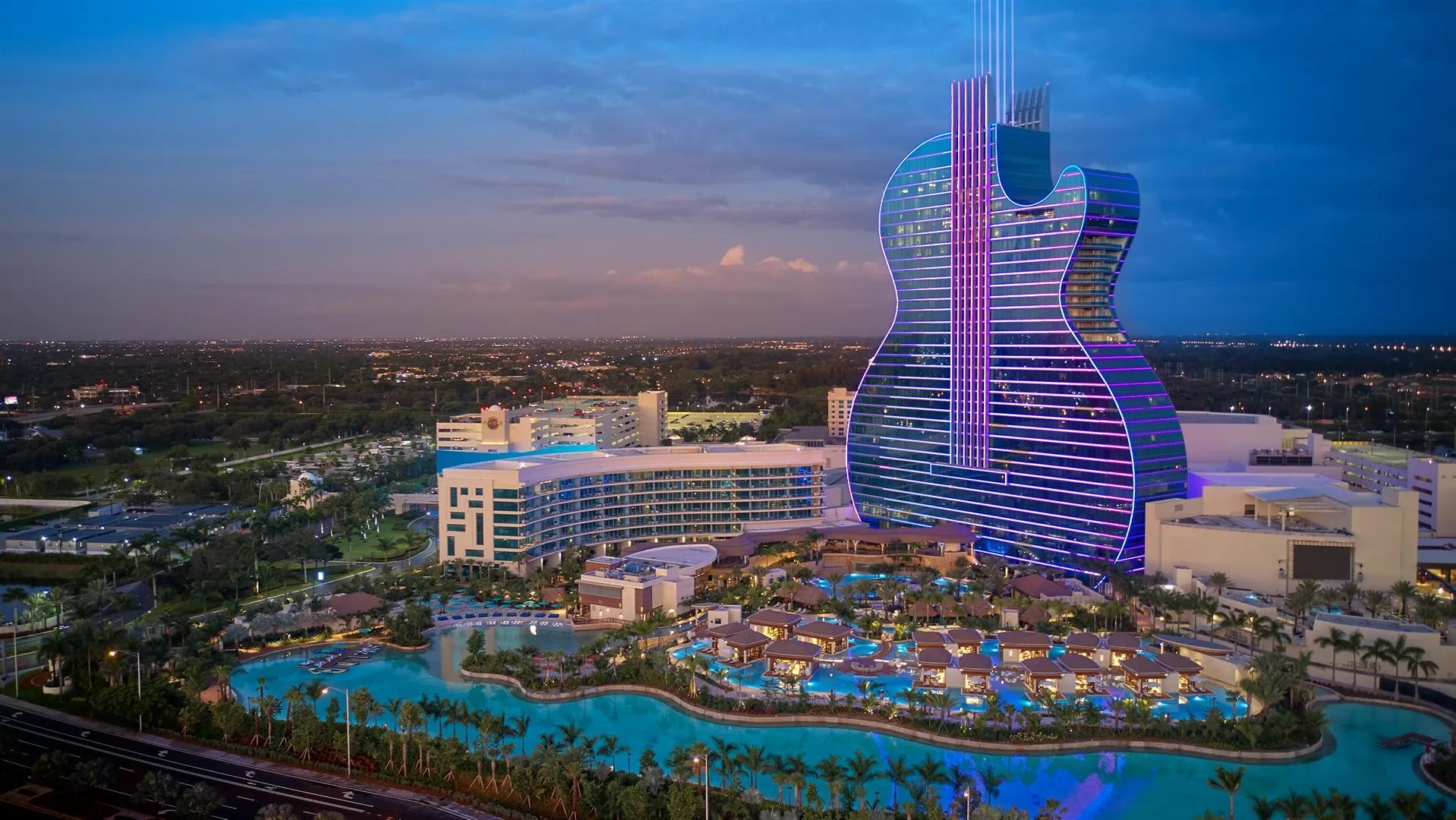 Seminole Hard Rock Hotel and Casino exterior at night in Florida