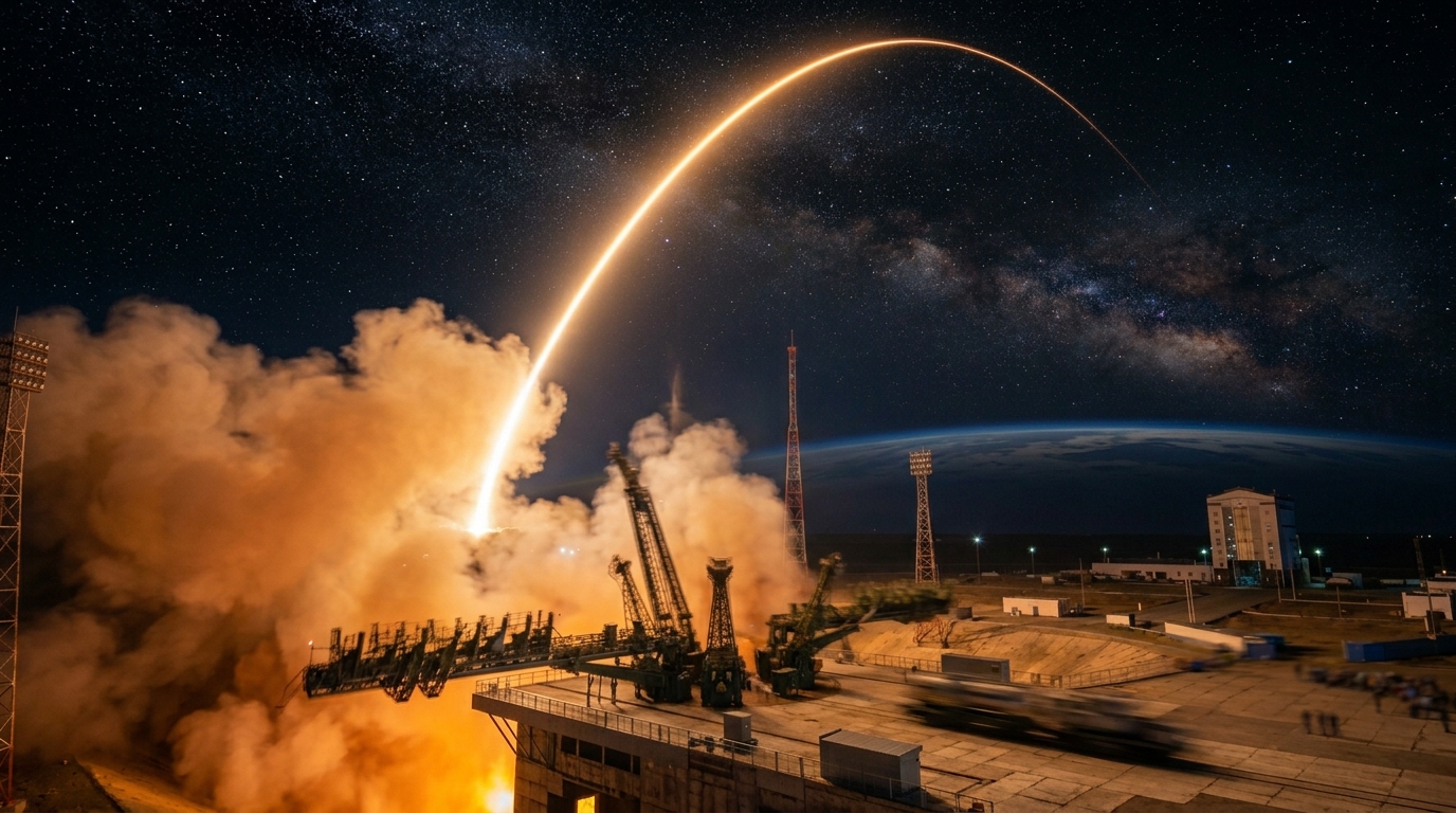 Soyuz rocket launching Progress MS-34 cargo spacecraft toward International Space Station from Baikonur Cosmodrome