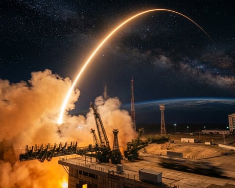 Soyuz rocket launching Progress MS-34 cargo spacecraft toward International Space Station from Baikonur Cosmodrome