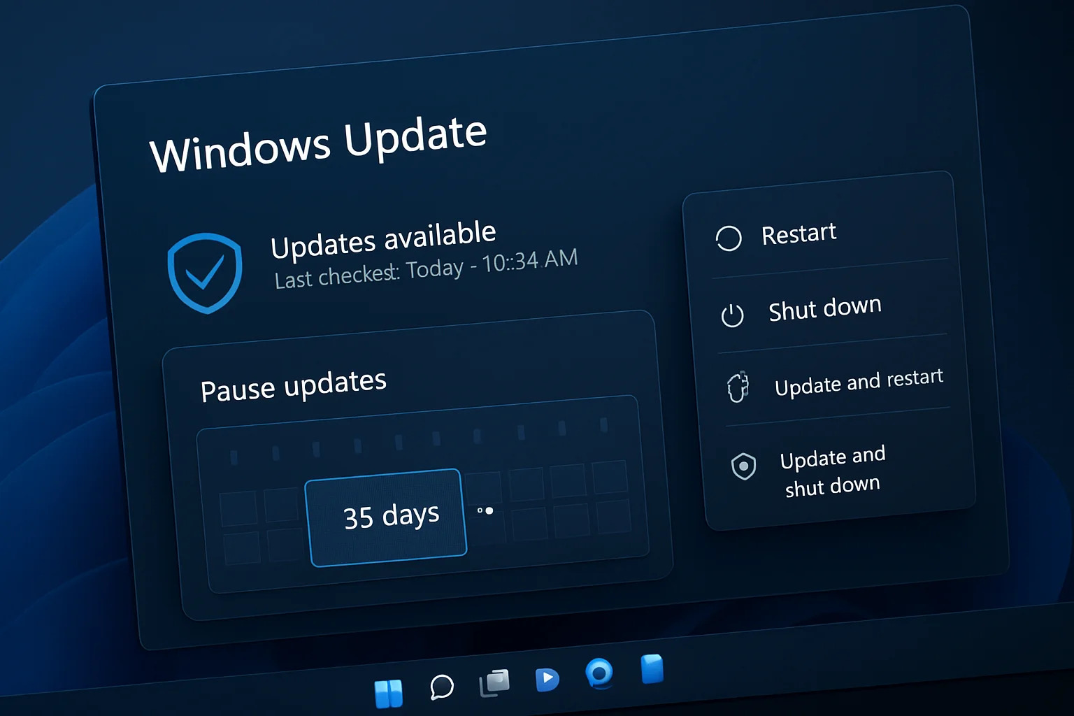 Windows 11 update settings showing 35-day pause option and restart controls in Microsoft update overhaul