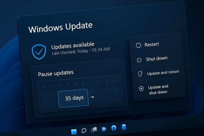 Windows 11 update settings showing 35-day pause option and restart controls in Microsoft update overhaul