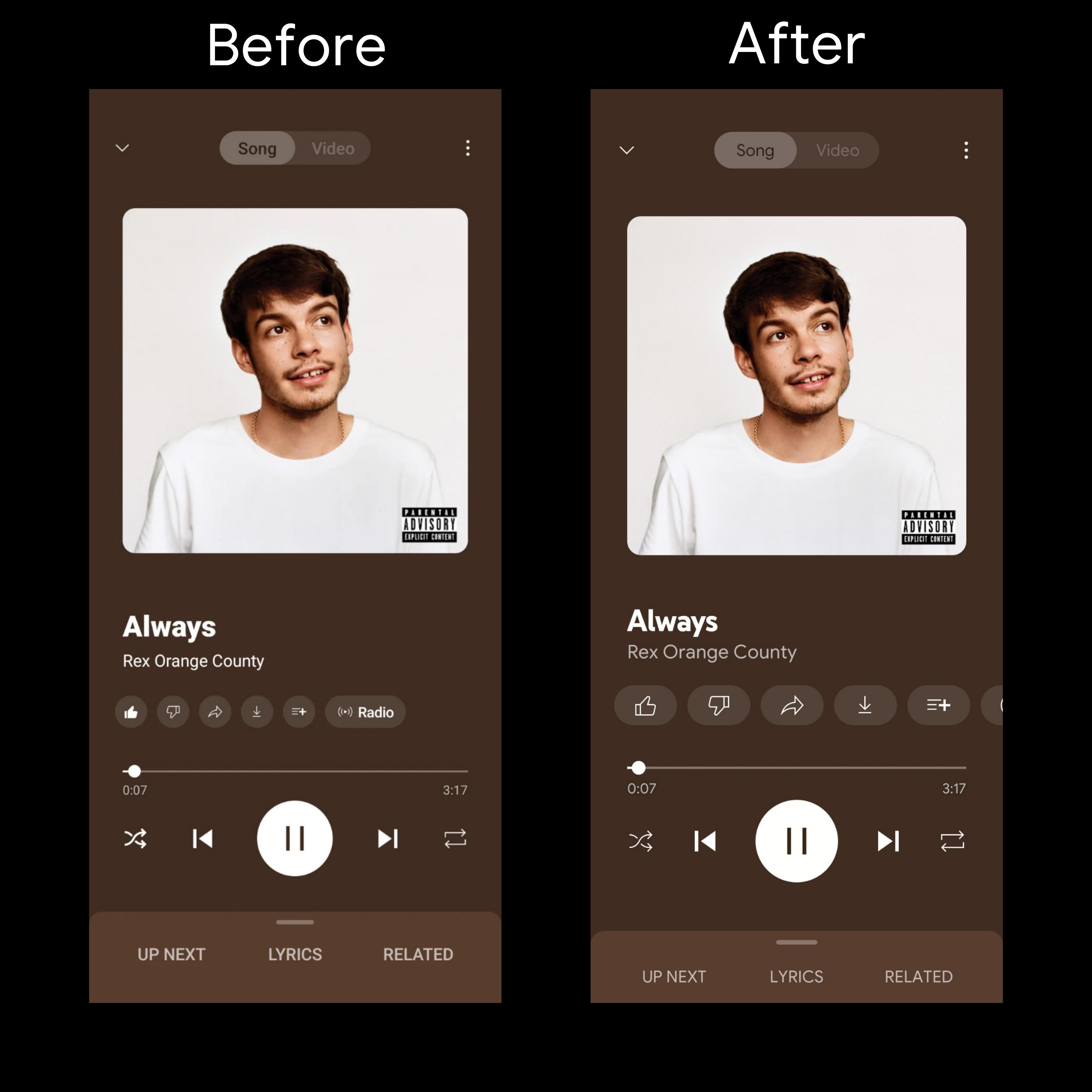 Comparison of old and new YouTube Music Now Playing screen