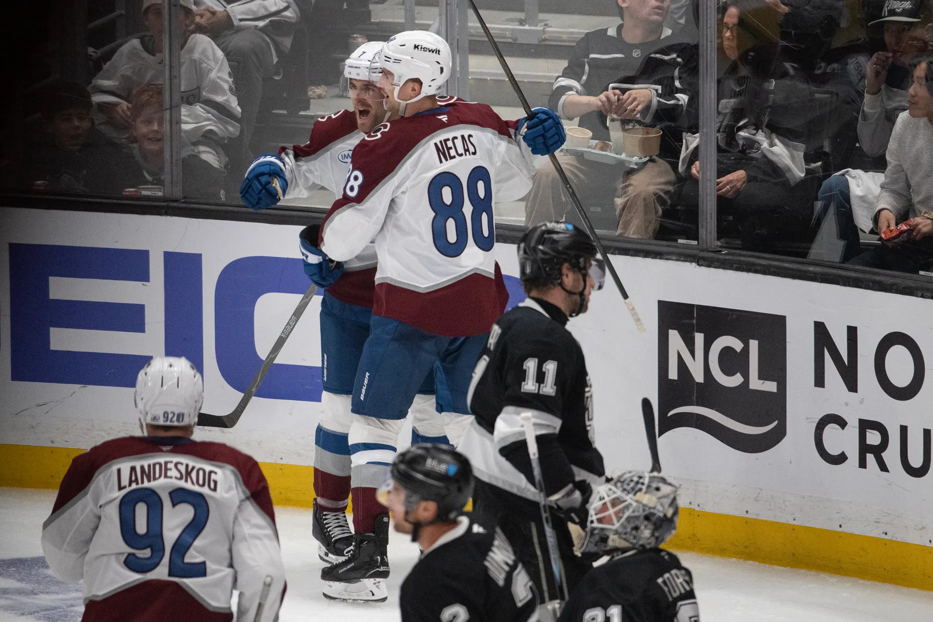 Colorado Avalanche players gathering during playoff practice session