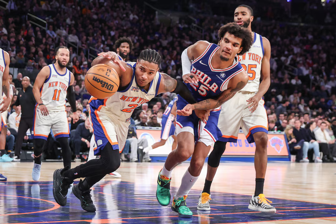 Mikal Bridges defends Tyrese Maxey during Knicks vs 76ers playoff game