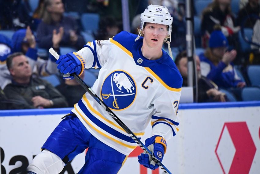 Rasmus Dahlin celebrates during Buffalo Sabres Game 6 win over Montreal Canadiens in the 2026 Stanley Cup Playoffs