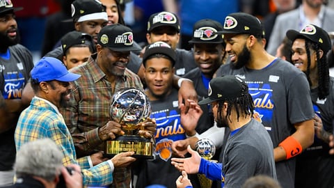 Jalen Brunson celebrates after leading the New York Knicks to the NBA Finals in 2026