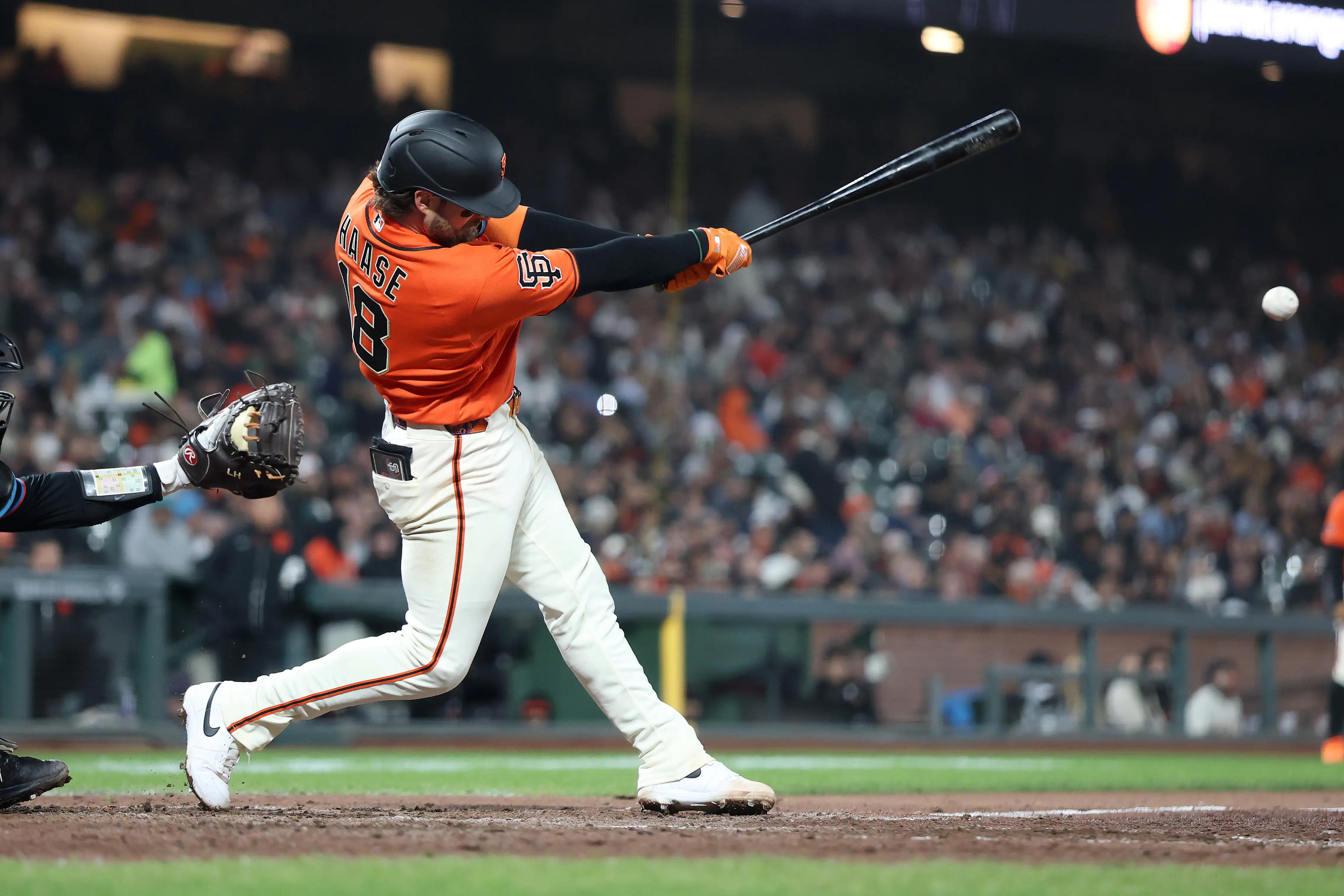 Eric Haase of San Francisco Giants celebrates home run against Los Angeles Dodgers