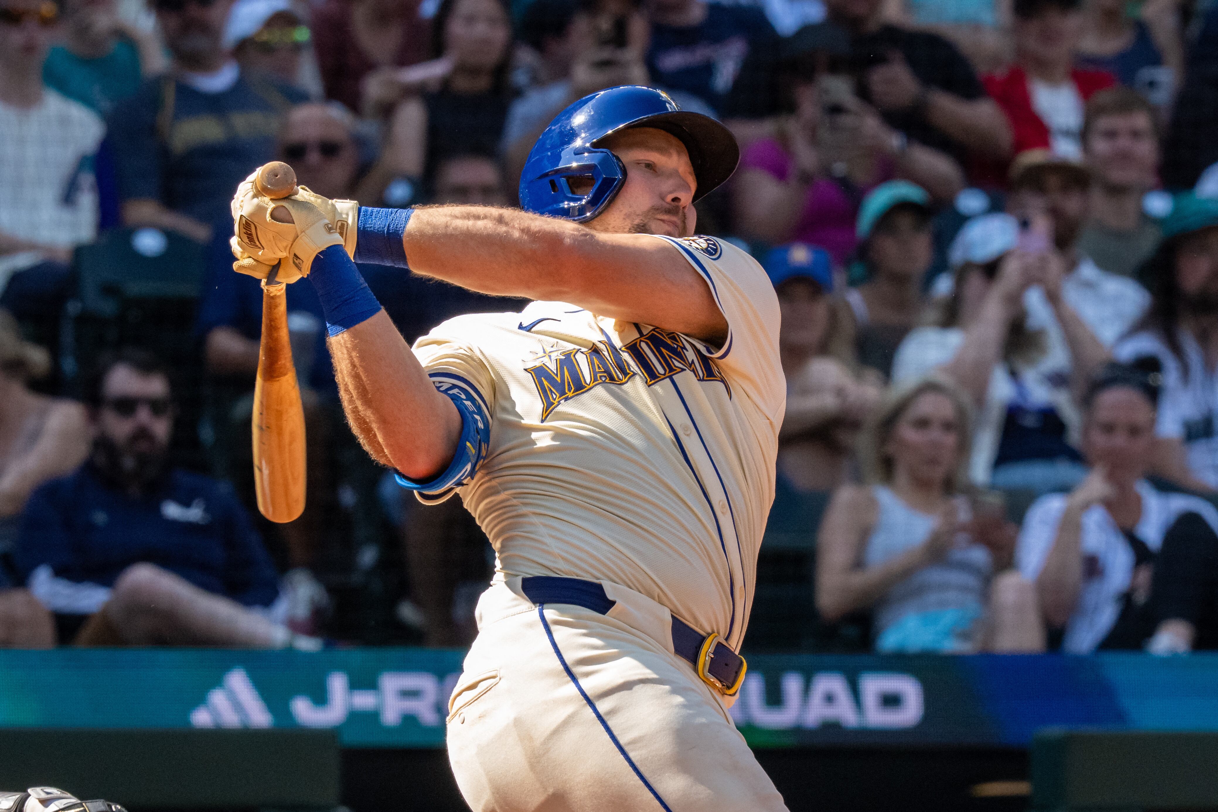 Cal Raleigh of the Seattle Mariners celebrates after breaking his 0-for-38 slump against the Houston Astros