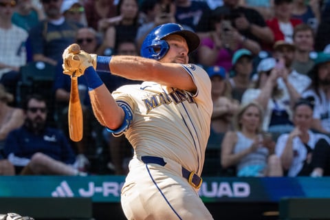 Cal Raleigh of the Seattle Mariners celebrates after breaking his 0-for-38 slump against the Houston Astros