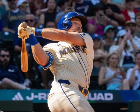 Cal Raleigh of the Seattle Mariners celebrates after breaking his 0-for-38 slump against the Houston Astros