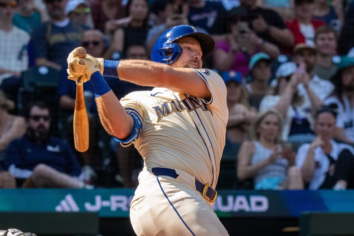 Cal Raleigh of the Seattle Mariners celebrates after breaking his 0-for-38 slump against the Houston Astros