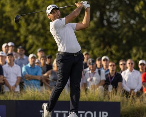 Aaron Rai celebrating PGA Championship 2026 victory at Aronimink Golf Club