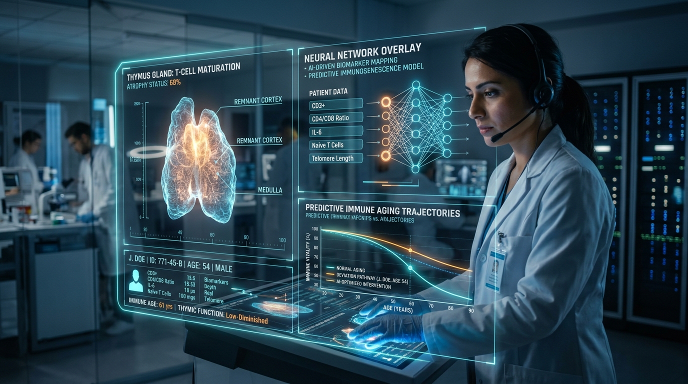 AI-Assisted Immune Aging Analysis in Clinical Trials AI analyzing thymus function and immune aging in clinical trials