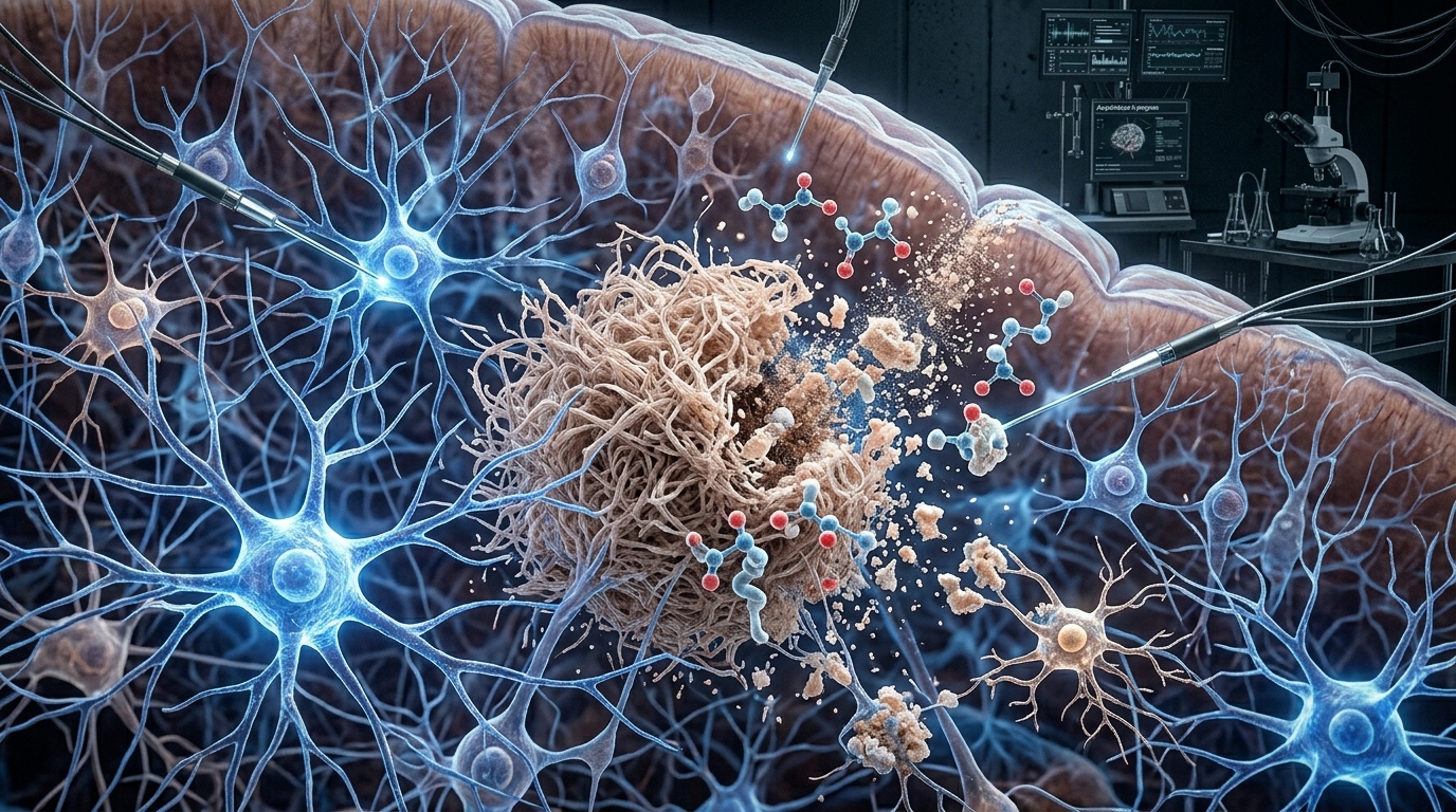 Scientific visualization of arginine interacting with brain tissue and reducing amyloid buildup in Alzheimer’s disease