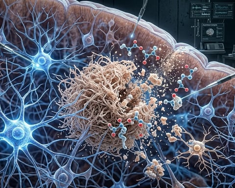 Scientific visualization of arginine interacting with brain tissue and reducing amyloid buildup in Alzheimer’s disease