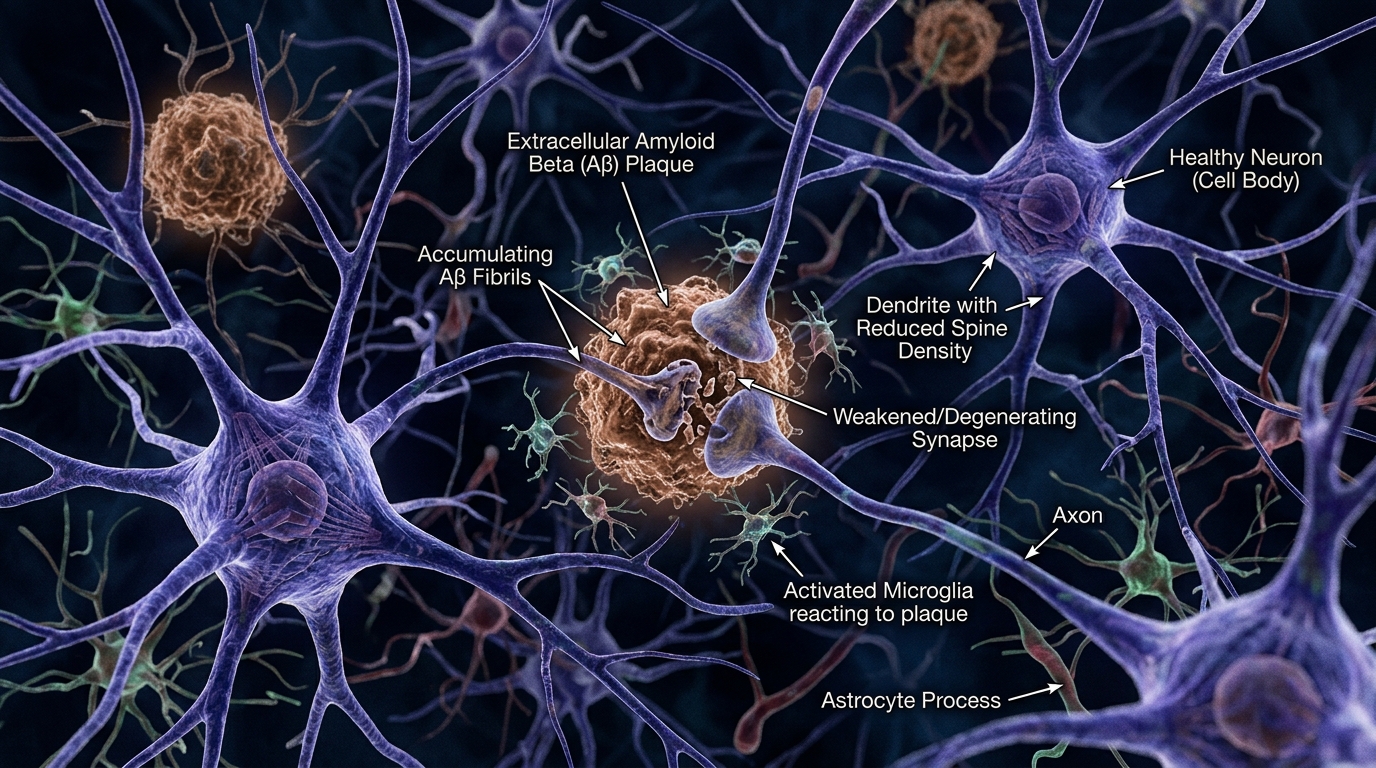 Amyloid Plaque Formation in Alzheimer’s Disease Amyloid beta plaques accumulating between neurons in Alzheimer’s disease brain