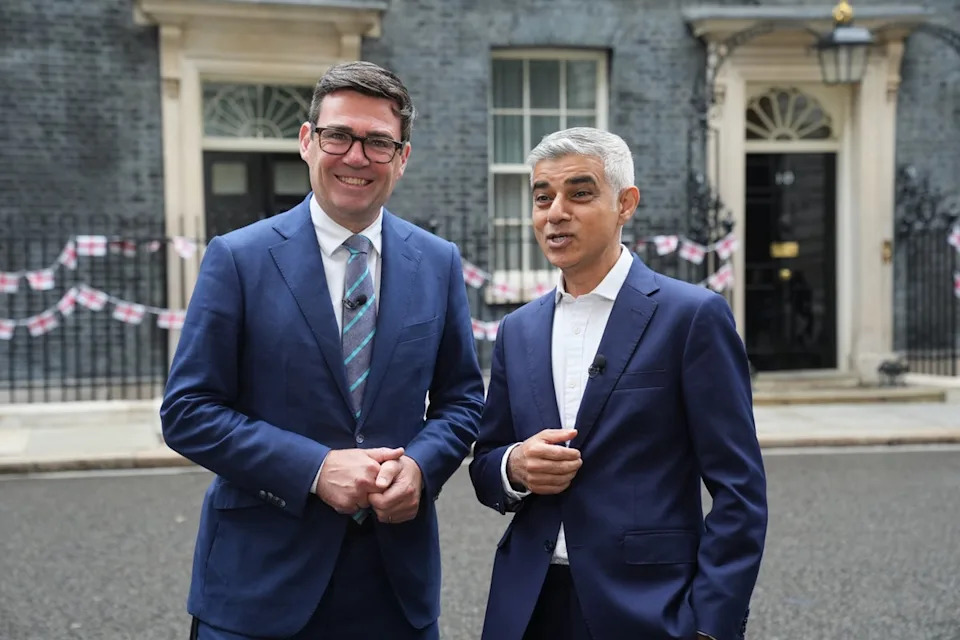 Greater Manchester Mayor Andy Burnham and London Mayor Sadiq Khan outside 10 Downing Street after a meeting with Prime Minister Keir Starmer earlier in 2026