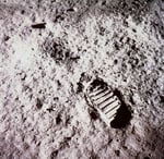 Close-up of Buzz Aldrin's bootprint in lunar regolith during the Apollo 11 Moon landing in 1969