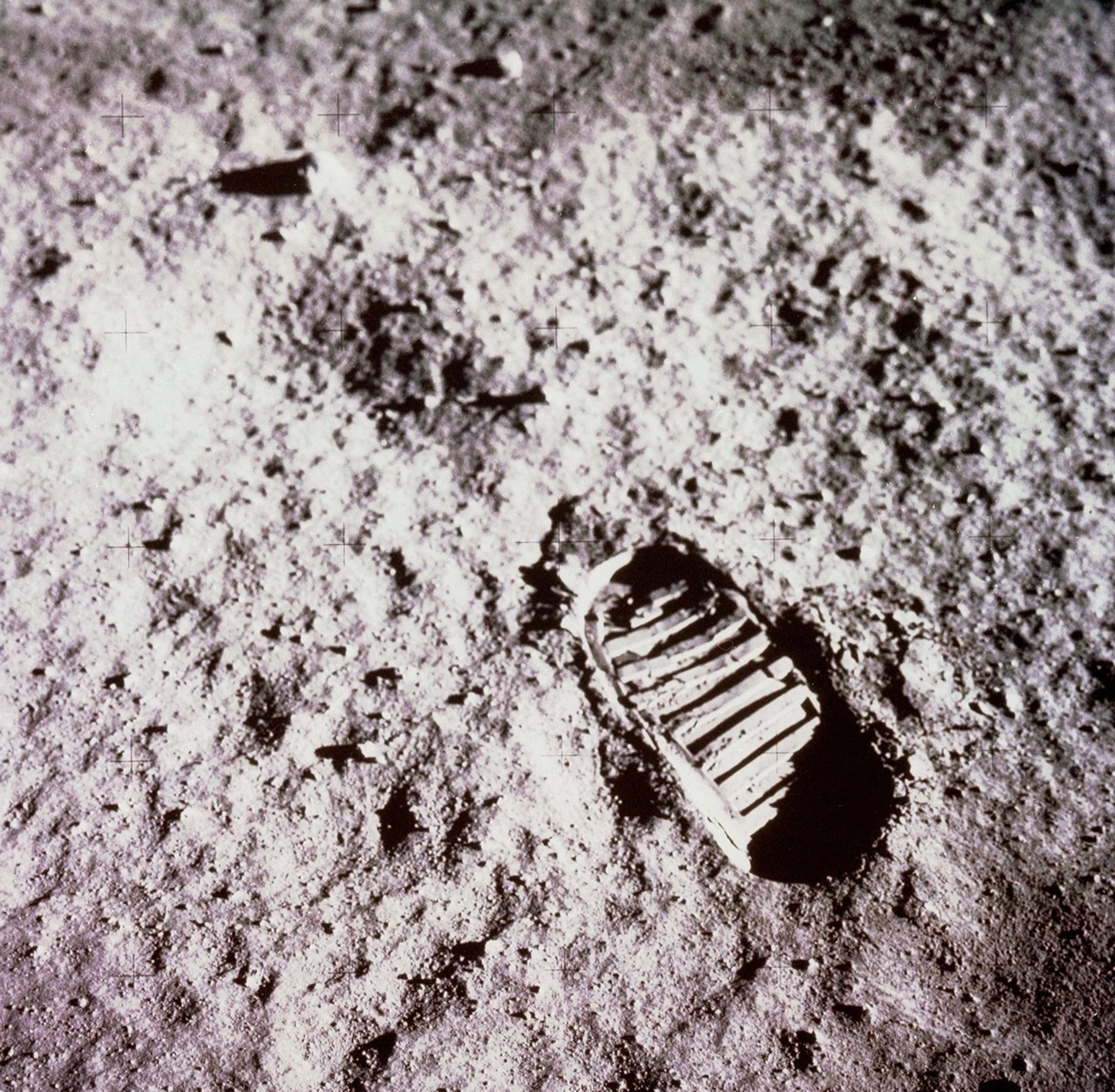 Close-up of Buzz Aldrin's bootprint in lunar regolith during the Apollo 11 Moon landing in 1969