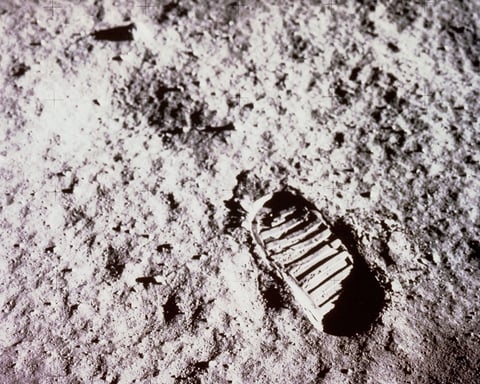 Close-up of Buzz Aldrin's bootprint in lunar regolith during the Apollo 11 Moon landing in 1969