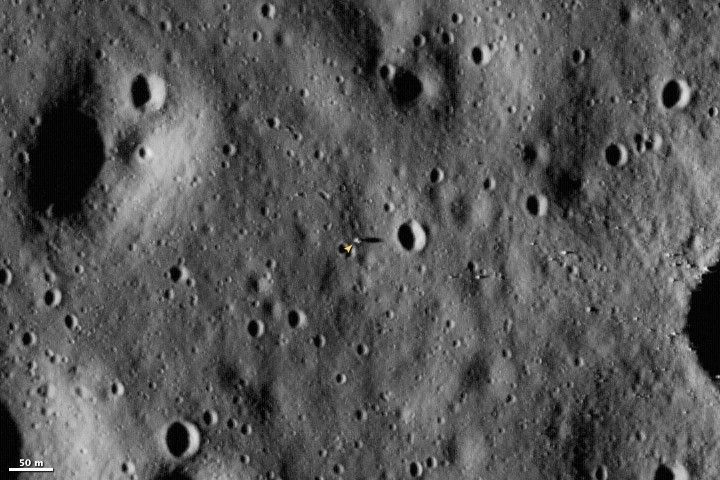 NASA Lunar Reconnaissance Orbiter image of the Apollo 11 landing site at Tranquility Base showing disturbed regolith and astronaut tracks