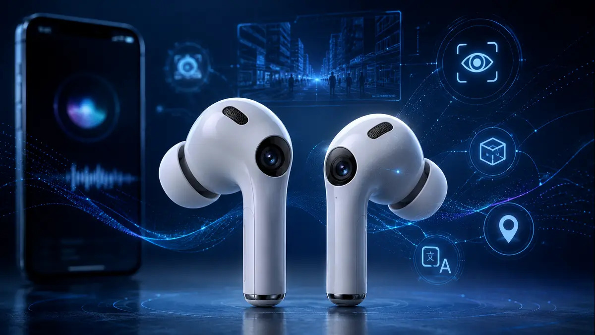 Apple AI AirPods with built-in cameras and Siri contextual intelligence concept render